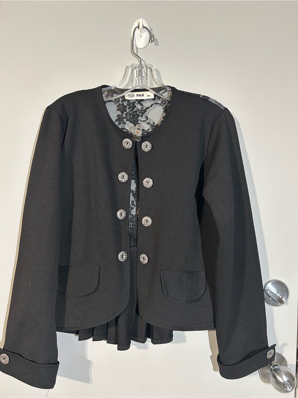 Black Women's Button-Front Blazer Lace + Peplum + Bow back Romantic coquette
